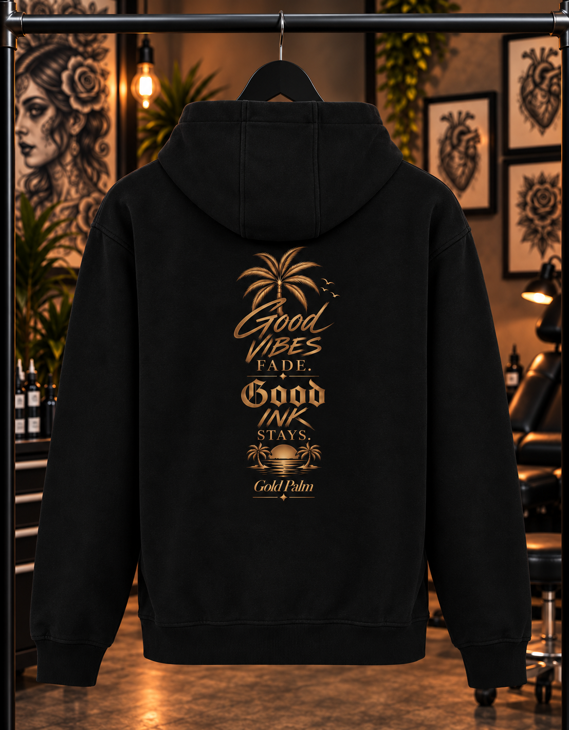Freeezy Gold Palm Fluffy Hoodie Oversize Schwarz 330g/m²