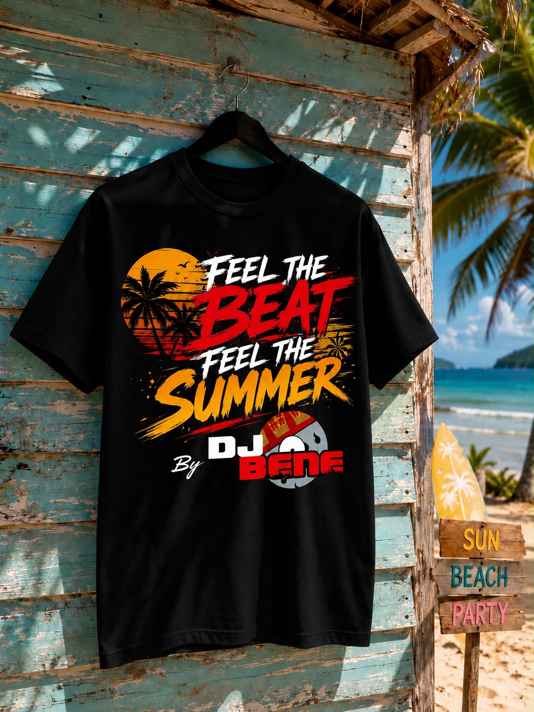 DJ BENE Feel The Beat – Feel The Summer  Oversized T-Shirt Schwarz 240g/m²