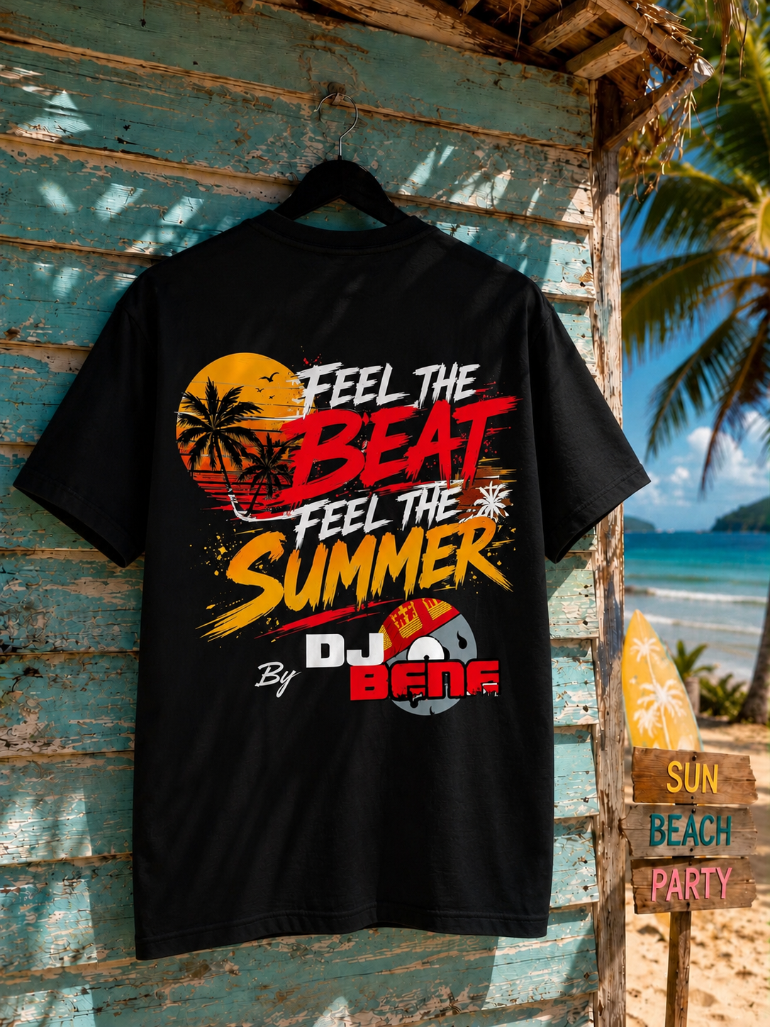 DJ BENE Feel The Beat – Feel The Summer  Oversized T-Shirt Schwarz 240g/m²