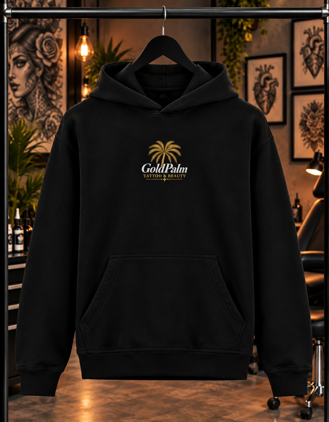Freeezy Gold Palm Fluffy Hoodie Oversize Schwarz 330g/m²