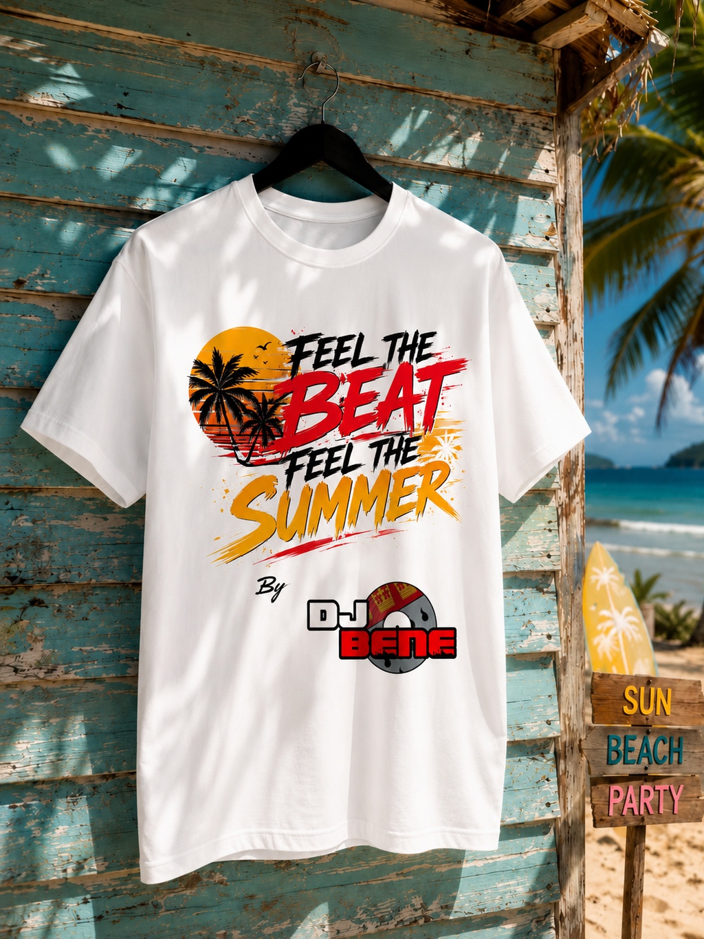 DJ BENE Feel The Beat – Feel The Summer  Oversized T-Shirt Weiß 240g/m²