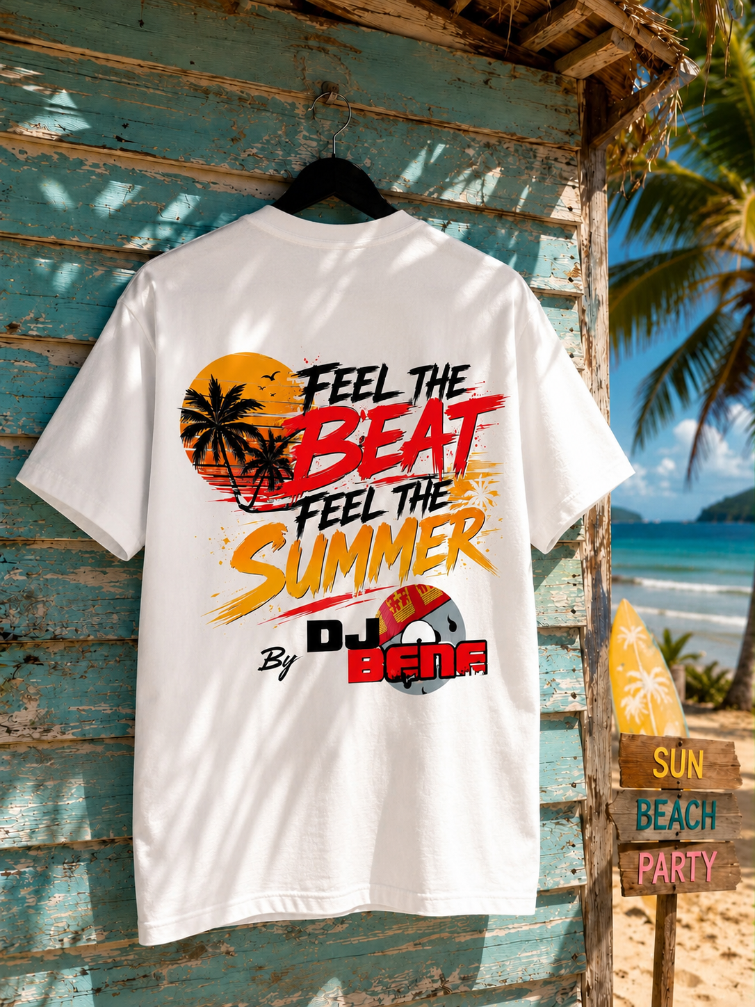 DJ BENE Feel The Beat – Feel The Summer  Oversized T-Shirt Weiß 240g/m²