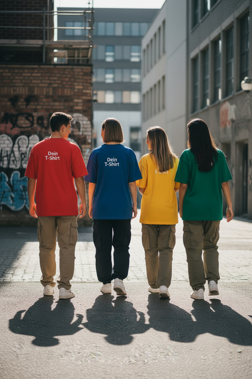 Gruppe von hinten mit bunten T-Shirts